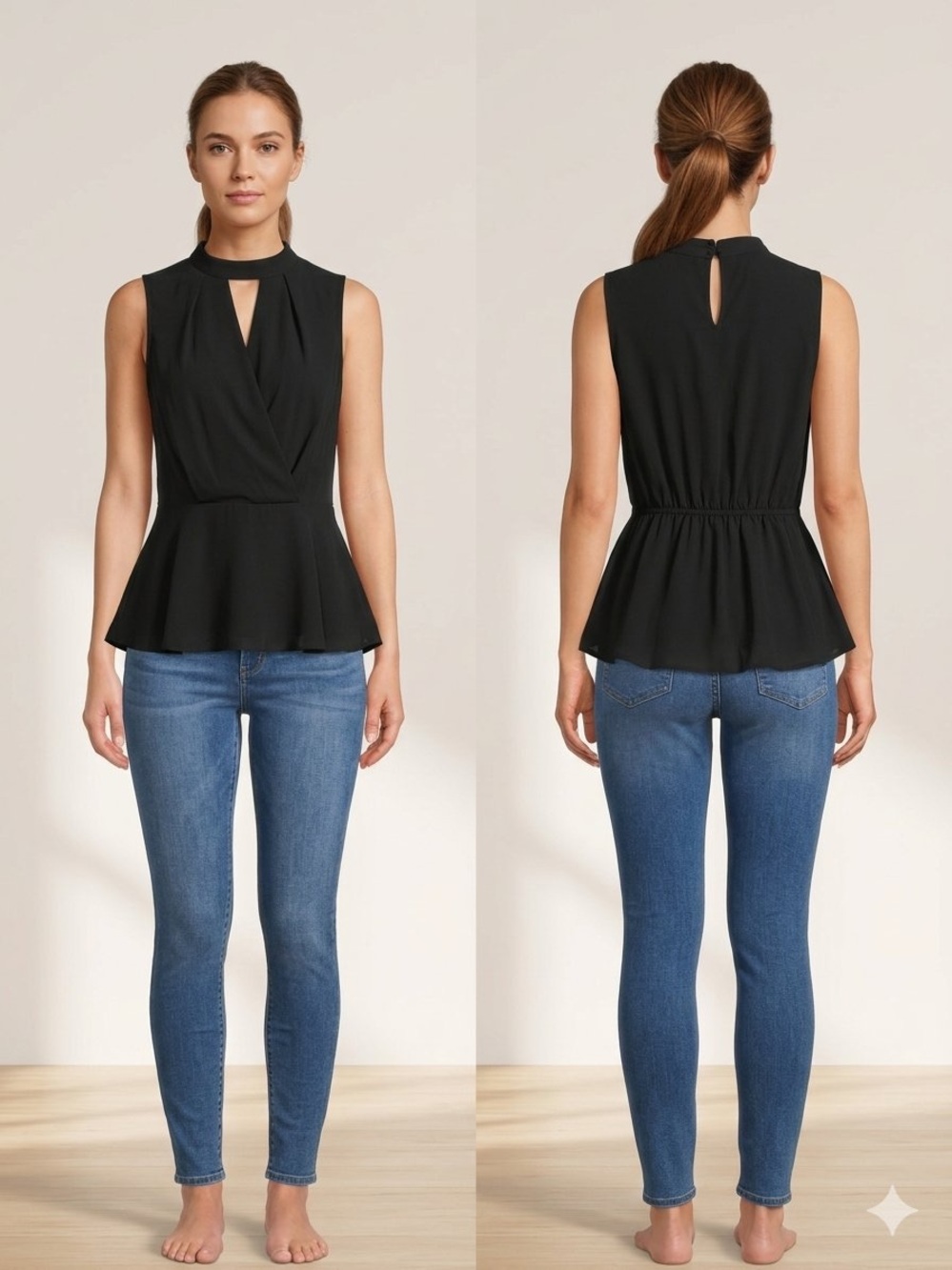 Monteau Black Sleeveless Peplum Camisole with Mock Neck